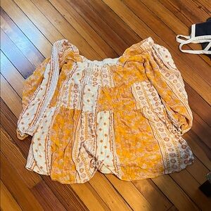 Boho Off-Shoulder Floral Peasant Top in Mustard & Cream